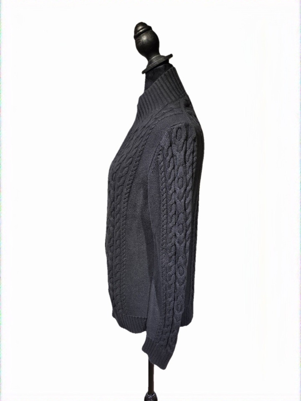 L.L. Bean Black 100% Cotton Cable-Knit Zip Mock Neck Sweater - Picture 3 of 5